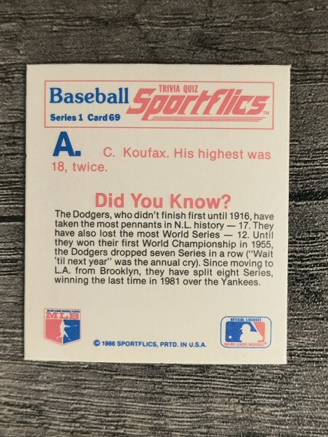 1986 Sportflics Trivia #69 Baseball Trivia Quiz