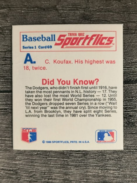 1986 Sportflics Trivia #69 Baseball Trivia Quiz