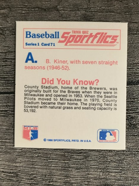 1986 Sportflics Trivia #71 Baseball Trivia Quiz
