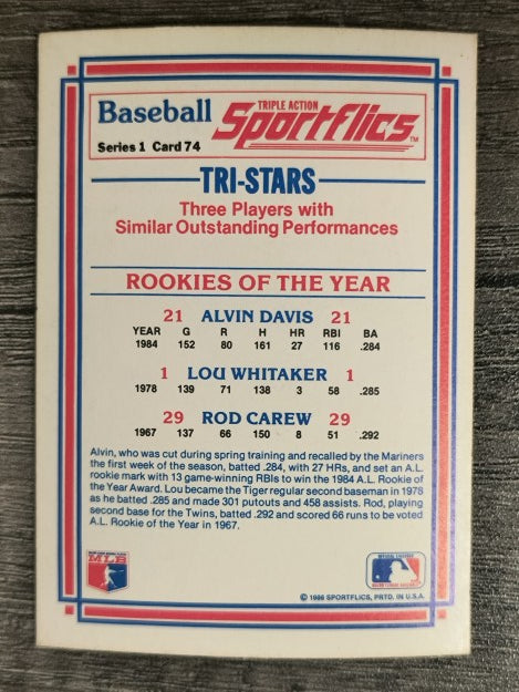 1986 Sportflics #74 Alvin Davis/Lou Whitaker/Rod Carew