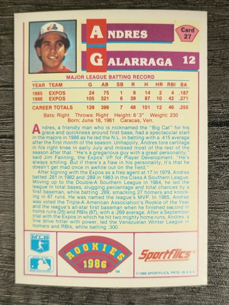 1986 Sportflics Rookies #27 Andres Galarraga