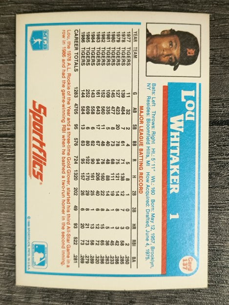 1987 Sportflics #137 Lou Whitaker