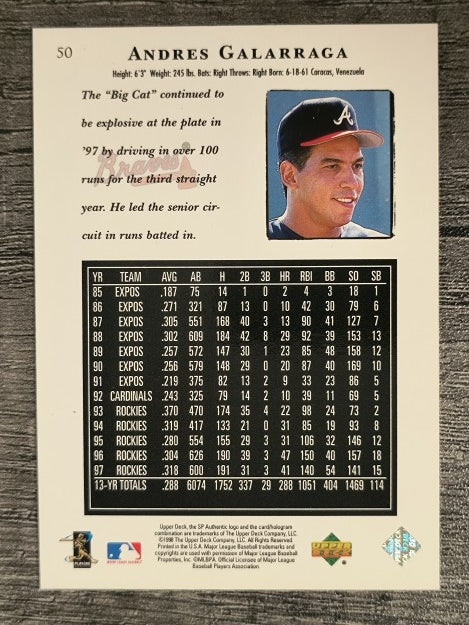 1998 SP Authentic #50 Andres Galarraga