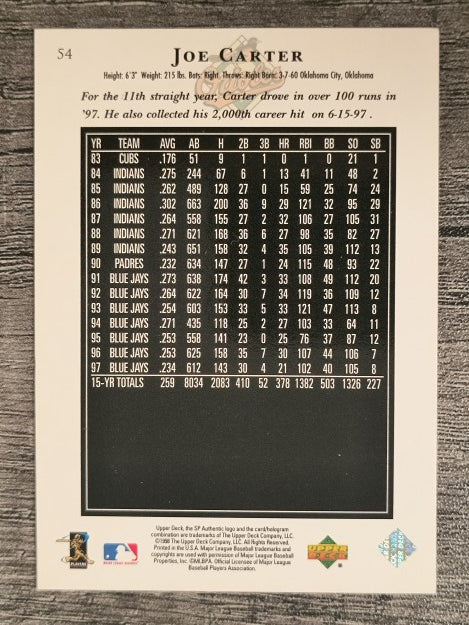 1998 SP Authentic #54 Joe Carter