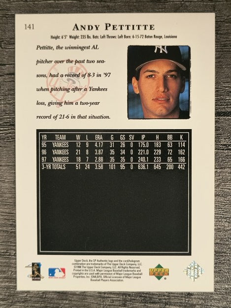 1998 SP Authentic #141 Andy Pettitte
