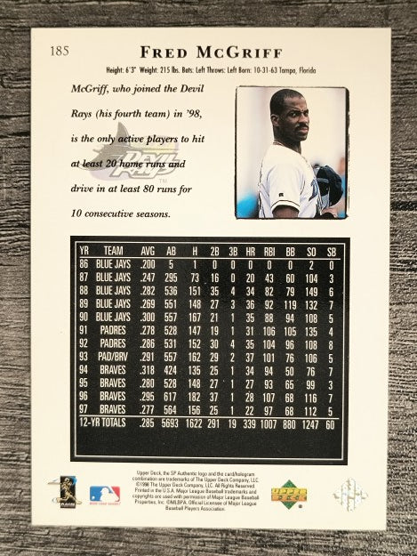 1998 SP Authentic #185 Fred McGriff