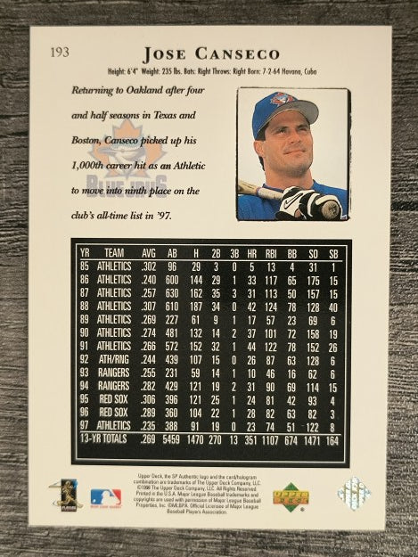 1998 SP Authentic #193 Jose Canseco