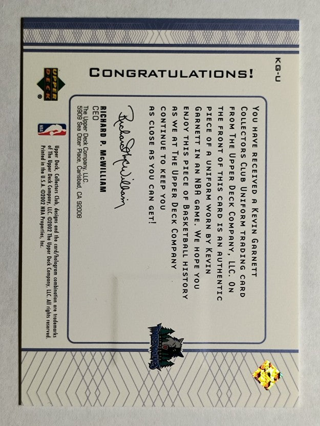 2002 Upper Deck Collector's Club #KGU Kevin Garnett JSY