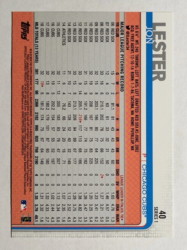 2019 Topps #40 Jon Lester