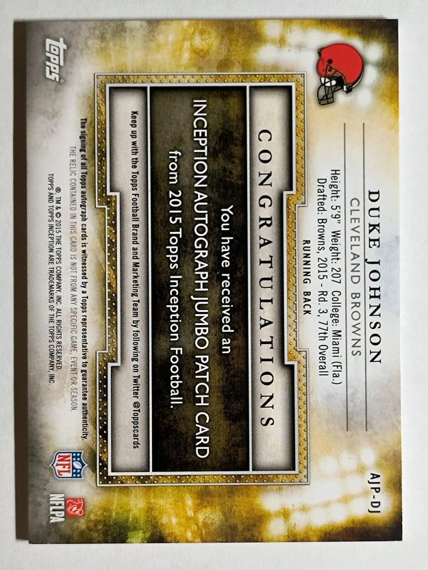 2015 Topps Inception Rookie Jumbo Patch Autographs Green #AJPDJ Duke Johnson