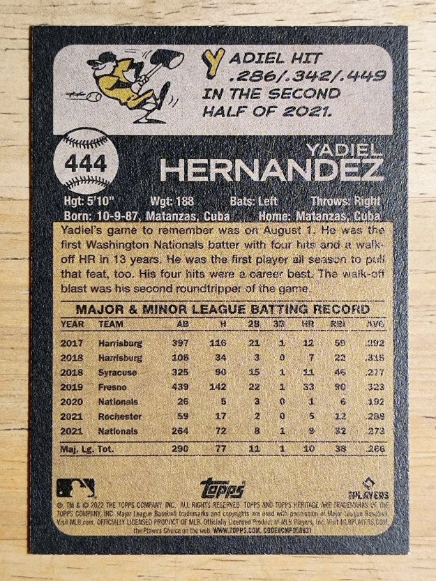2022 Topps Heritage #444 Yadiel Hernandez SP RC