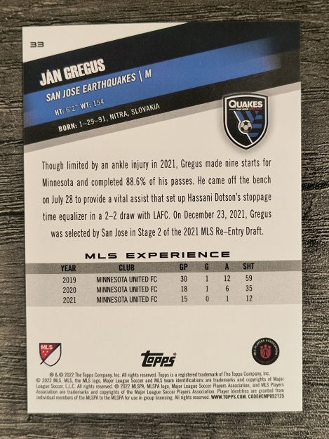 2022 Topps MLS #33 Jan Gregus