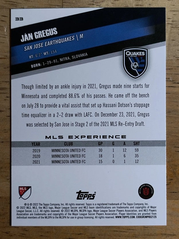 2022 Topps MLS #33 Jan Gregus