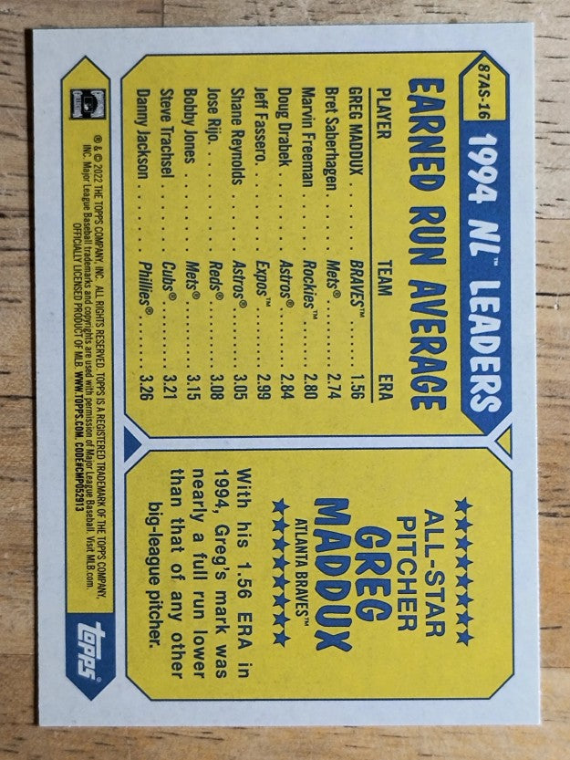 2022 Topps '87 Topps All-Star #87AS16 Greg Maddux