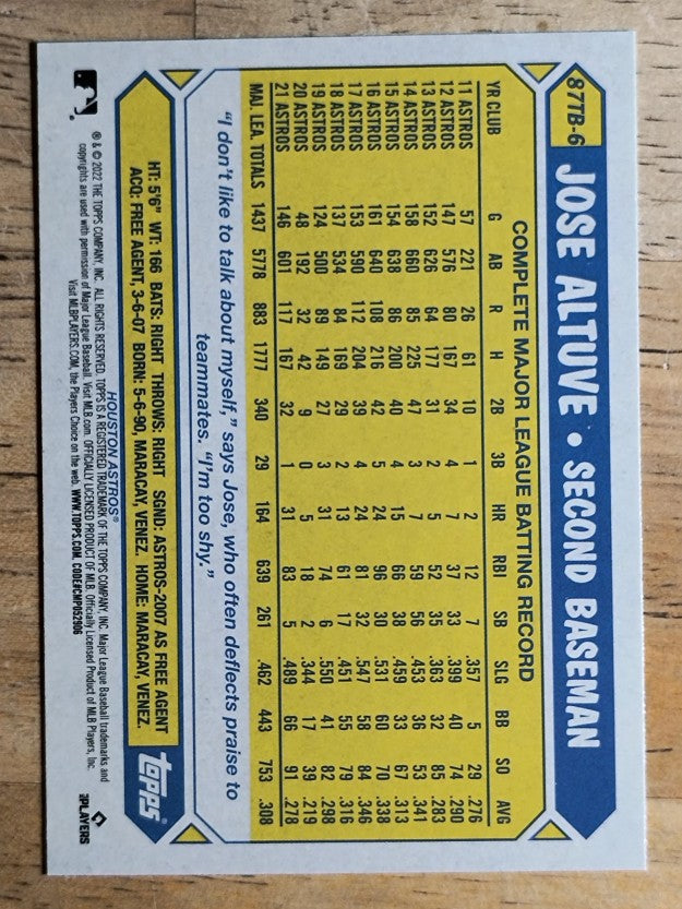 2022 Topps '87 Topps Series 2 #87TB6 Jose Altuve