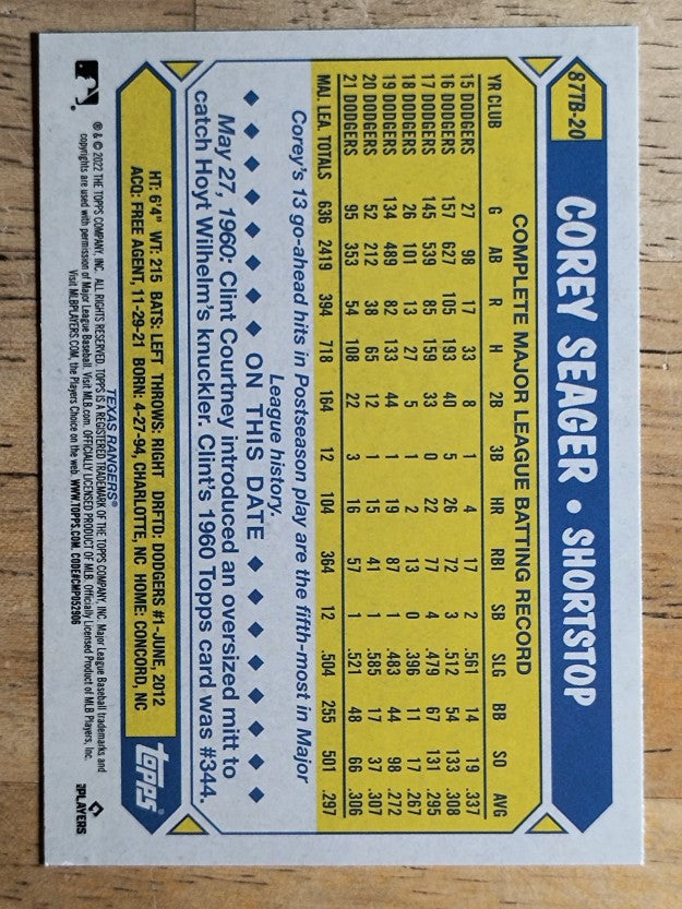 2022 Topps '87 Topps Series 2 #87TB20 Corey Seager