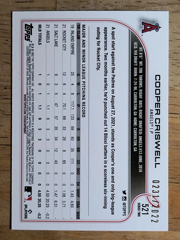 2022 Topps Gold #521 Cooper Criswell