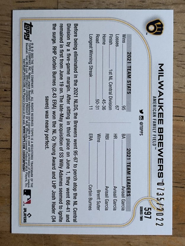 2022 Topps Gold #597 Milwaukee Brewers