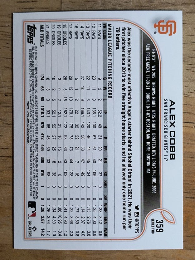 2022 Topps Gold Foil #359 Alex Cobb