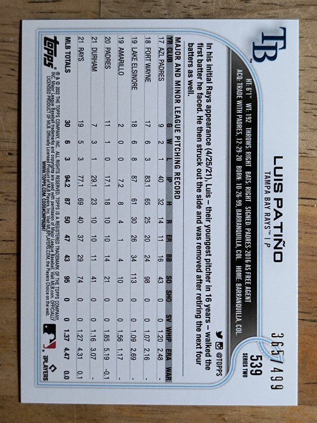 2022 Topps Green Foilboard #539 Luis Patino