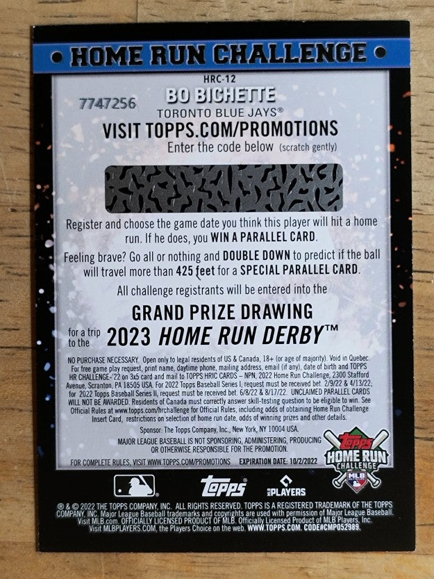 2022 Topps Home Run Challenge Code Cards Series 2 #HRC12 Bo Bichette