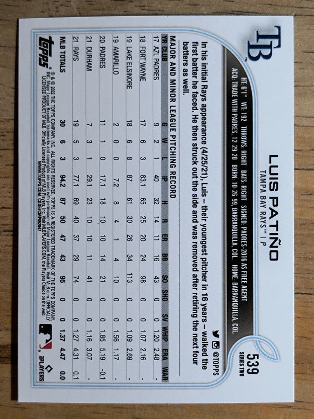 2022 Topps Rainbow Foil #539 Luis Patino