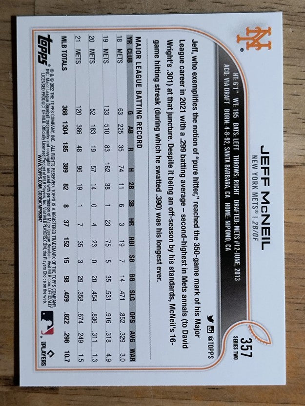 2022 Topps #357 Jeff McNeil
