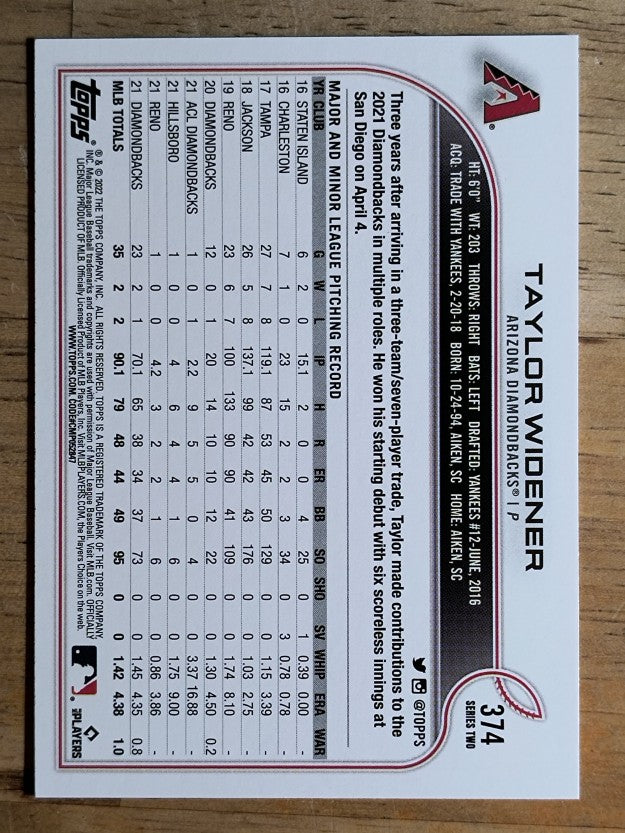 2022 Topps #374 Taylor Widener