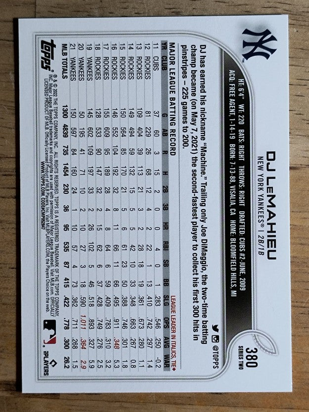 2022 Topps #380 DJ LeMahieu