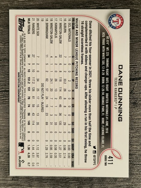 2022 Topps #411 Dane Dunning