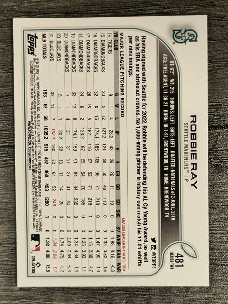 2022 Topps #481 Robbie Ray
