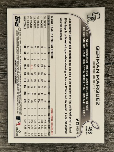 2022 Topps #498 German Marquez
