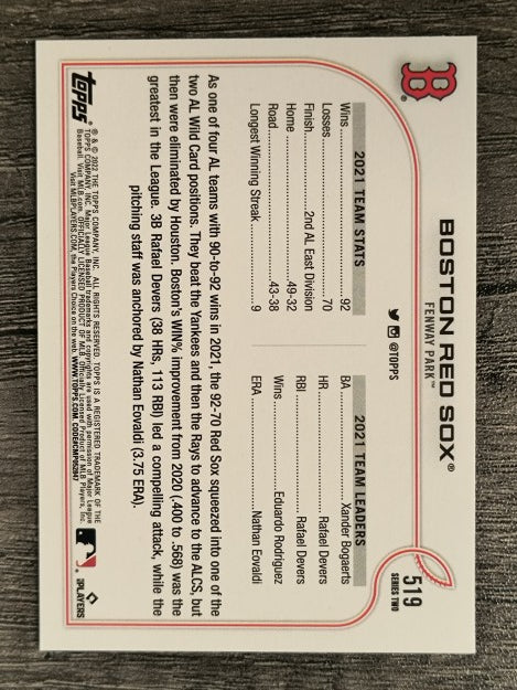 2022 Topps #519 Boston Red Sox