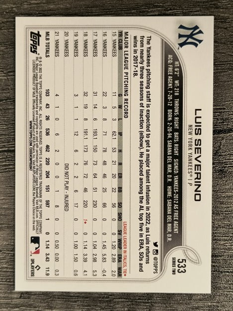 2022 Topps #533 Luis Severino