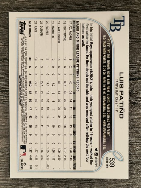 2022 Topps #539 Luis Patino