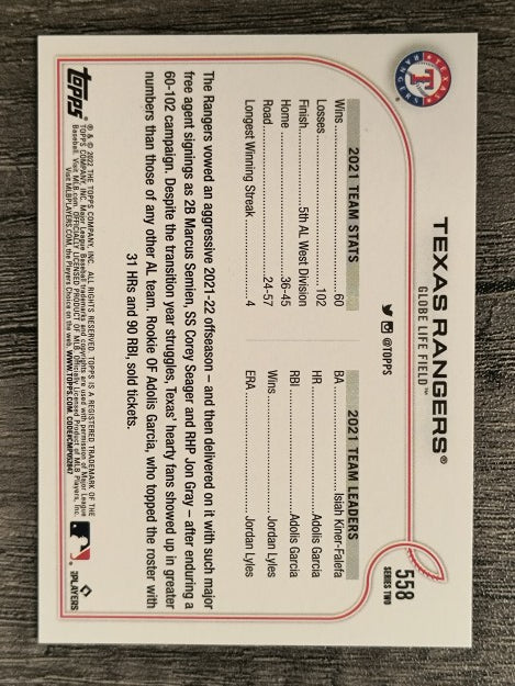2022 Topps #558 Texas Rangers