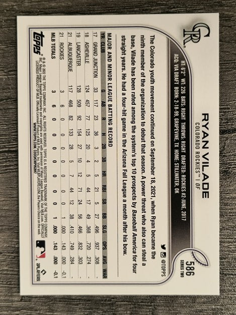 2022 Topps #586 Ryan Vilade RC