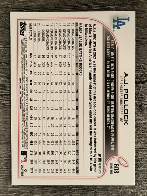 2022 Topps #608 A.J. Pollock