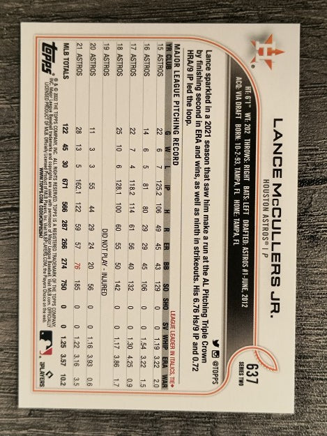 2022 Topps #637 Lance McCullers Jr.
