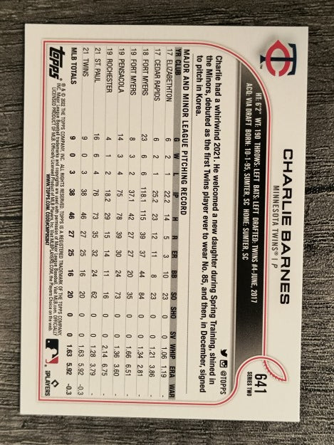 2022 Topps #641 Charlie Barnes RC