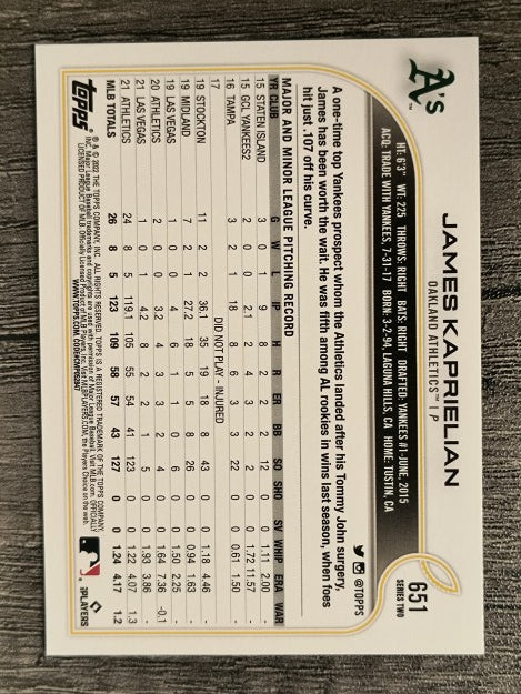 2022 Topps #651 James Kaprielian