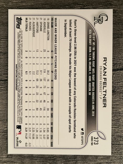 2022 Topps #373 Ryan Feltner RC