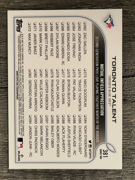 2022 Topps #381 Toronto Talent/Bo Bichette/Vladimir Guerrero Jr.