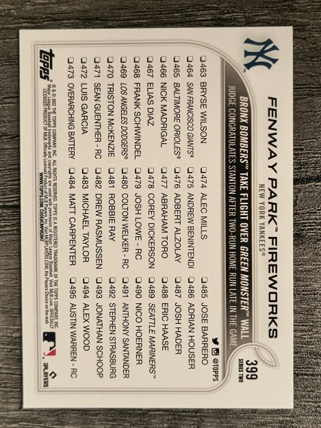 2022 Topps #399 Fenway Park Fireworks/Aaron Judge/Giancarlo Stanton