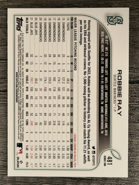 2022 Topps #481 Robbie Ray