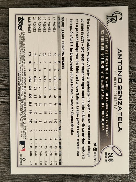 2022 Topps #508 Antonio Senzatela