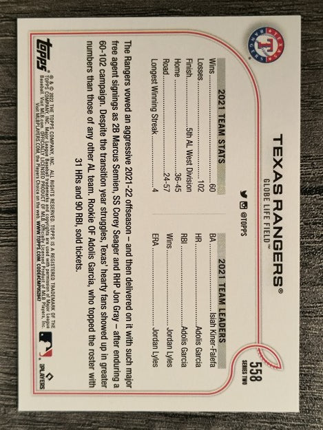 2022 Topps #558 Texas Rangers