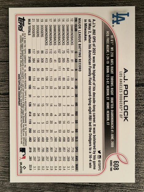 2022 Topps #608 A.J. Pollock