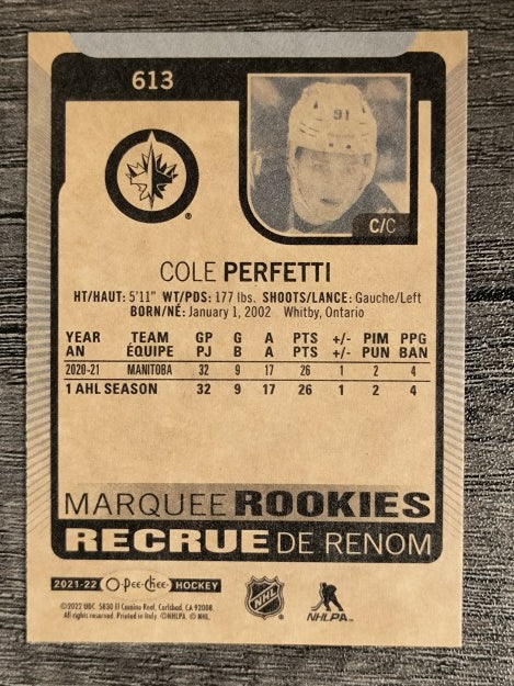 2021-22 O-Pee-Chee #613 Cole Perfetti RC