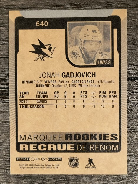 2021-22 O-Pee-Chee #640 Jonah Gadjovich RC
